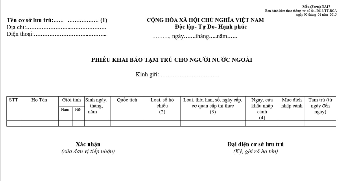 Mẫu khai tạm trú NA17